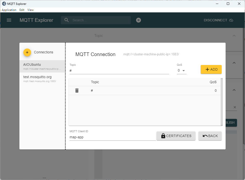 Screenshot that shows the MQTT Explorer default topic configuration.