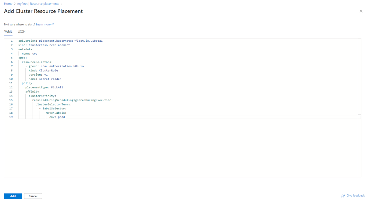 Screenshot of the Azure portal page for creating a resource placement, showing the YAML template with placeholder values.