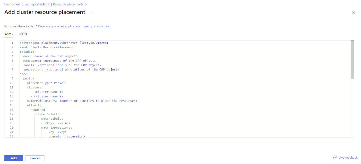 Screenshot of the Azure portal page for creating a resource placement, showing the YAML template with placeholder values.