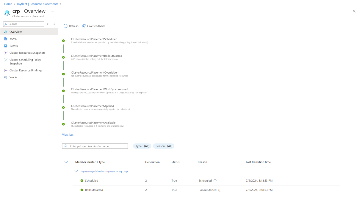 Screenshot of the Azure portal overview pane for an individual cluster resource placement, showing events and details.