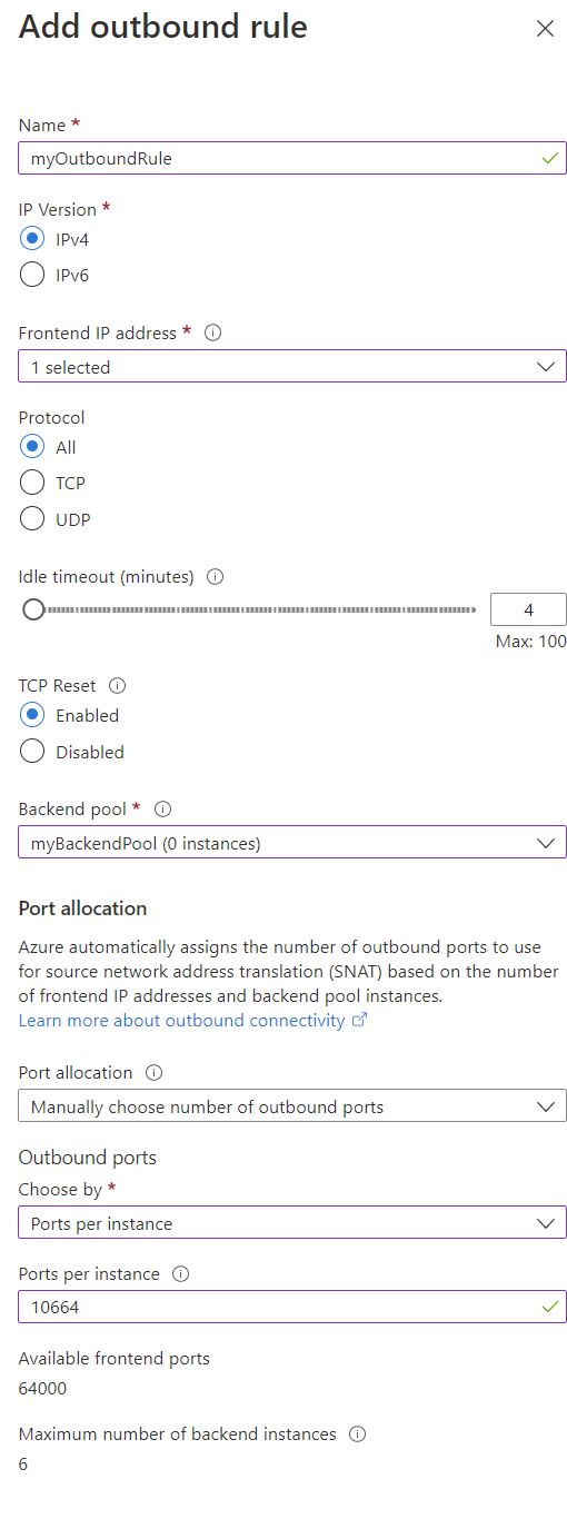 Screenshot of add outbound rule.  Allowing to set the maximum number of backend instances.