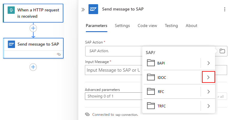 Screenshot shows Consumption workflow, action named Send message to SAP, and selecting IDOC type.