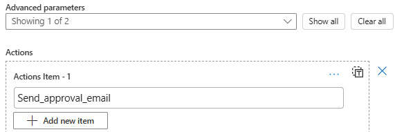 Screenshot showing the Actions Item -1 box and the action's JSON name.