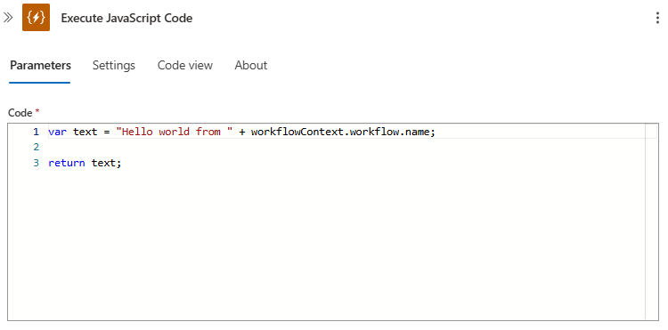 Screenshot showing the Execute JavaScript Code action with default sample code.