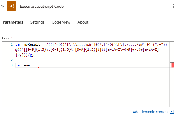 Screenshot showing the Consumption workflow, Execute JavaScript Code action, and example code that creates variables.