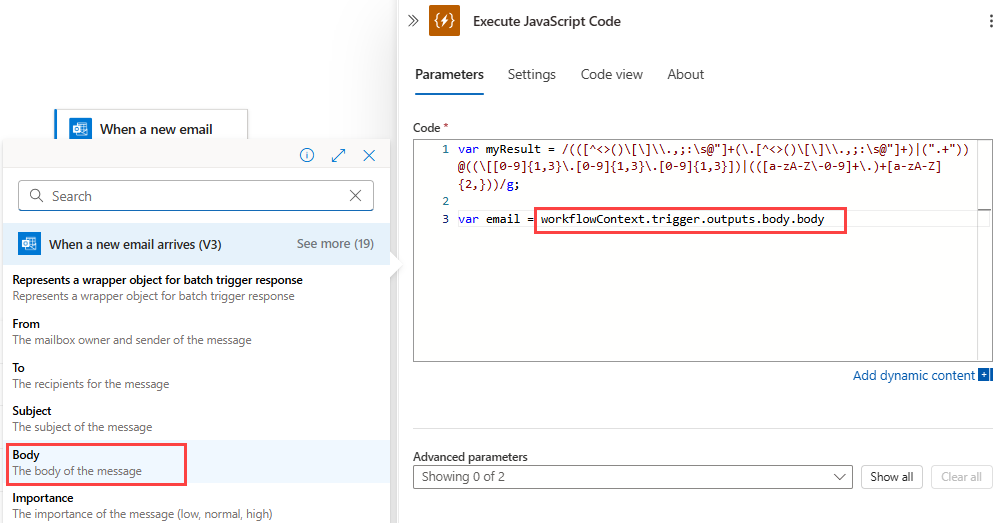 Screenshot showing the Consumption workflow, Execute JavaScript Code action, dynamic content list, and email message's Body property selected.