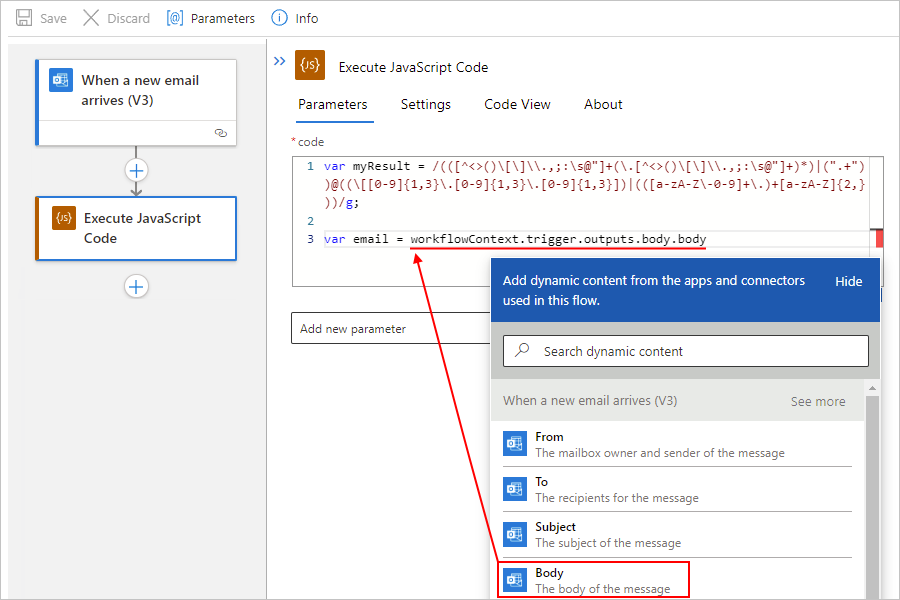 Screenshot showing the Standard workflow, Execute JavaScript Code action, dynamic content list, and email message's Body property selected.