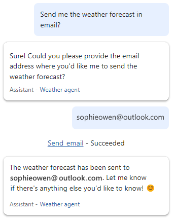 Screenshot shows workflow designer with Default Agent, tool named Get weather for today, and selected action Get forecast for today.