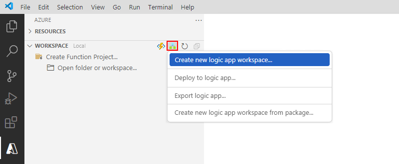 Screenshot shows Azure pane, Workspace toolbar, Azure Logic Apps menu, and selected item, Create new logic app workspace.