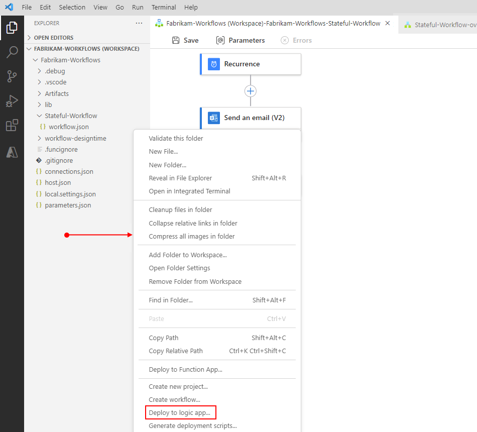 Screenshot shows Explorer pane, shortcut menu opened from blank area under project, and selected option for Deploy to logic app.
