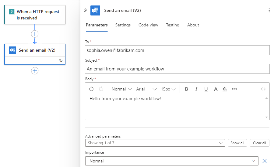 Screenshot shows information for the Office 365 Outlook action named Send an email.