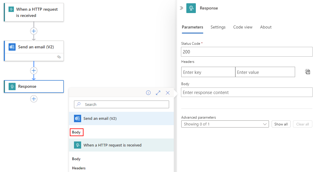 Screenshot shows open dynamic content list where under Send an email header, the Body output value is selected.