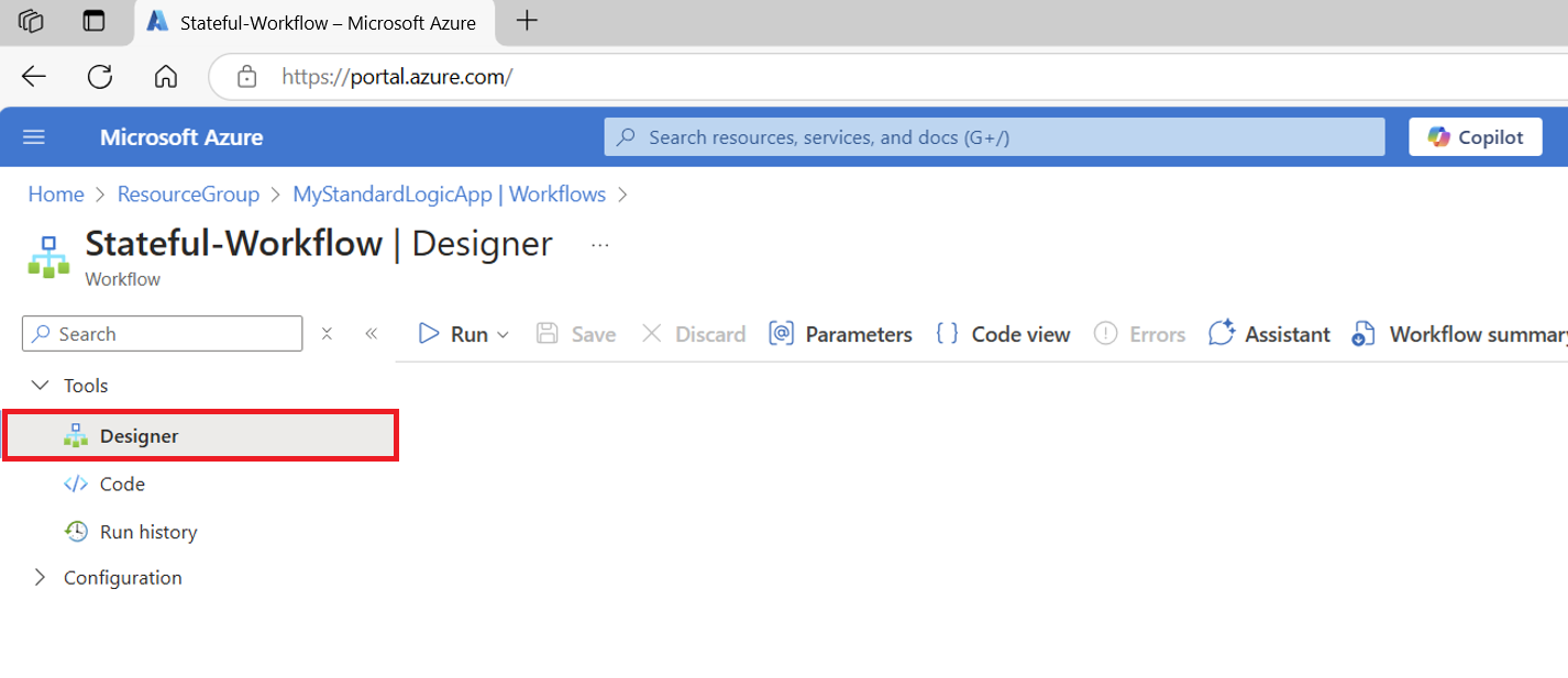 Screenshot of a logic app resource page in the Azure portal, showing the sidebar options to view a workflow in Code or Designer view.
