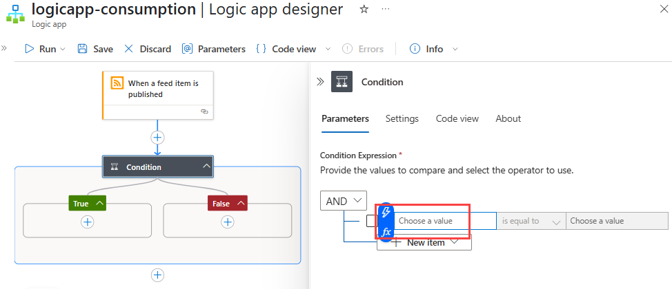 Screenshot shows Azure portal, Consumption workflow designer, RSS trigger, and Condition action with information pane open, and dynamic content button selected.