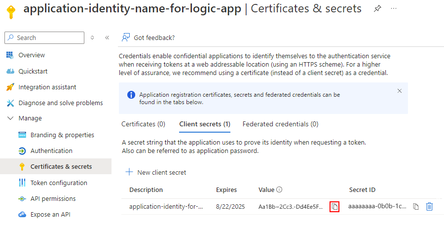 Screenshot shows secret value and secret ID with copy button for secret value selected.