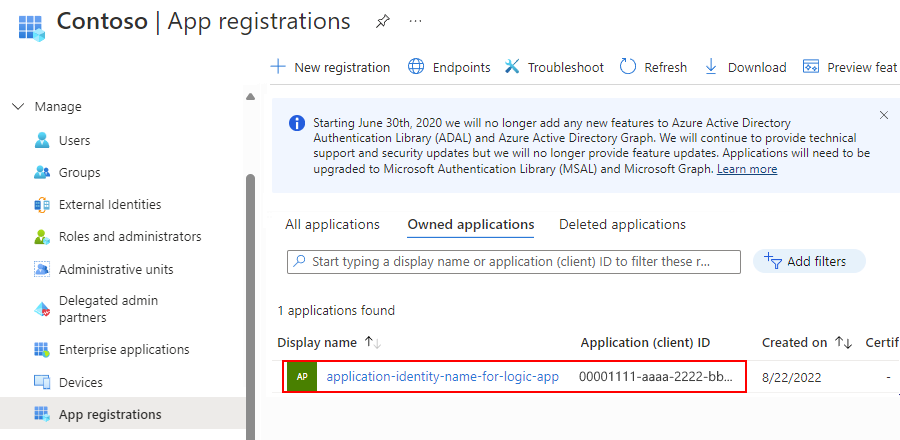Screenshot shows the application identity for your logic app.