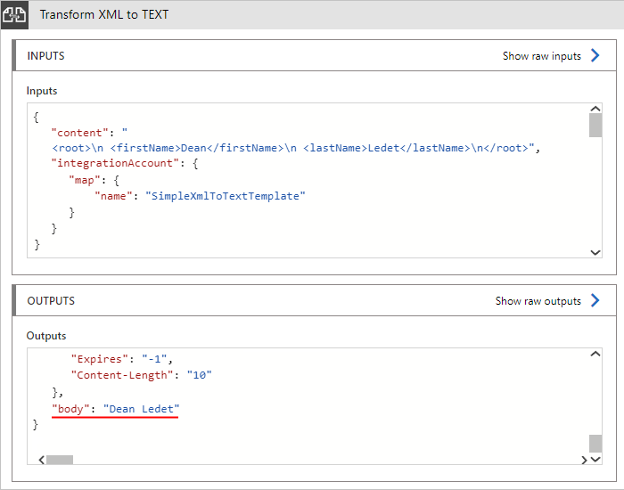 Screenshot showing example output for XML to text transformation