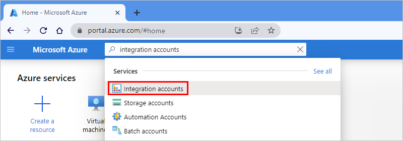 Screenshot showing the Azure portal search box with integration accounts entered and integration accounts selected.