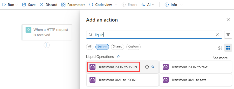 Screenshot showing Standard workflow with a Liquid action selected.