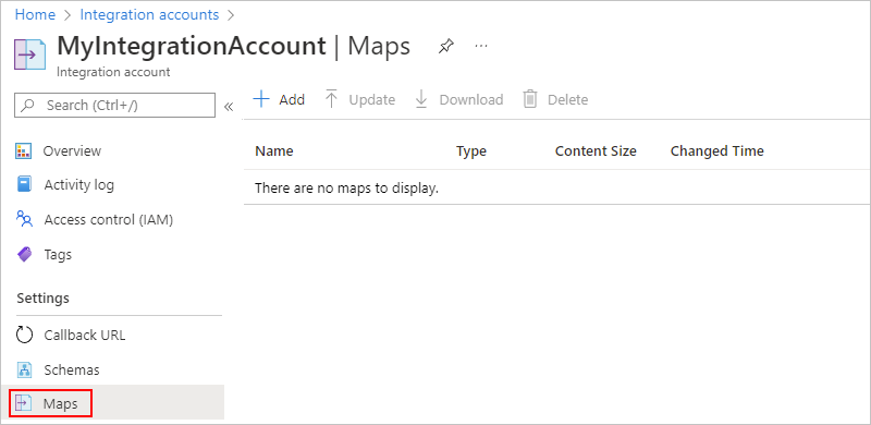 Screenshot showing integration account navigation menu with Maps selected.