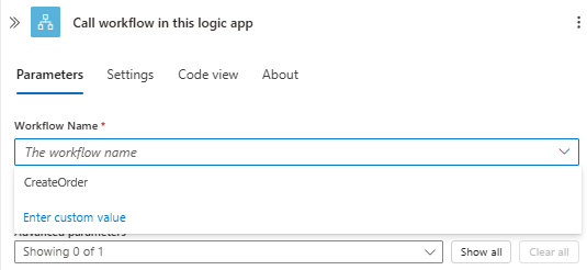 Screenshot shows Standard workflow, action named Invoke a workflow in this workflow app, opened Workflow Name list, and available workflows to call.