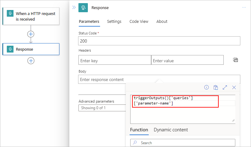 Screenshot shows Consumption workflow, Response action, and the triggerOutputs expression.