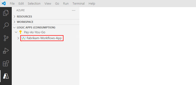 Screenshot shows Visual Studio Code with Resources section and deployed Consumption logic app resource.