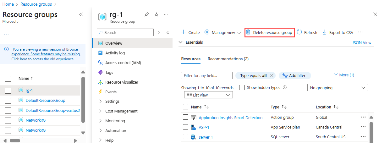 Screenshot that shows the button to delete resource group in the Azure portal.