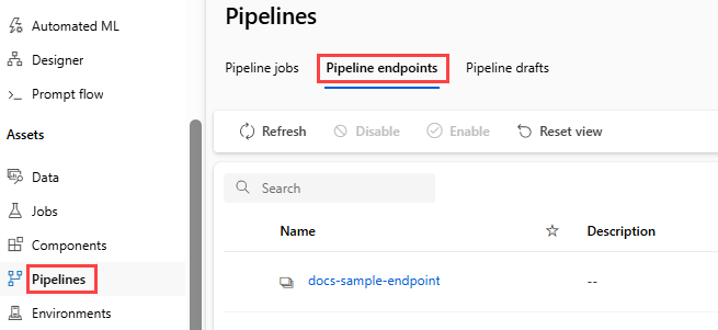 Screenshot of the pipeline endpoint tab.