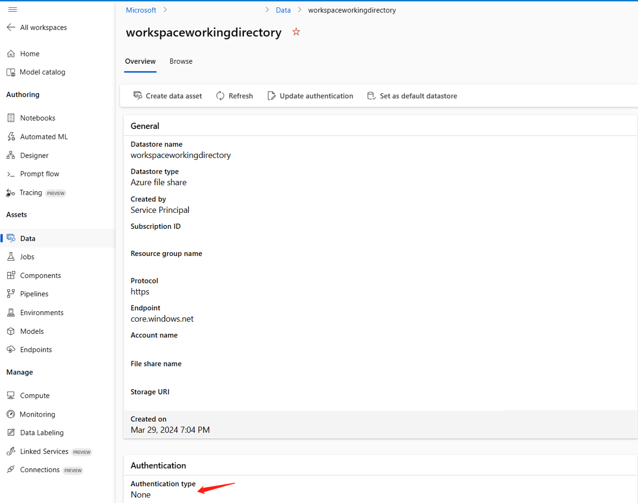 Screenshot of auth type for datastore. 