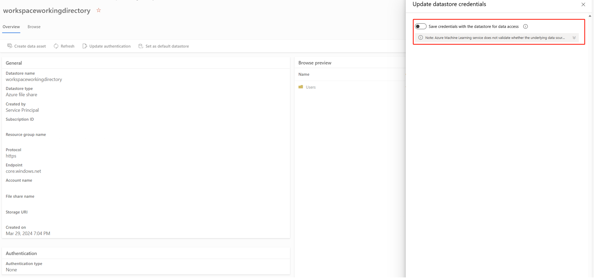 Screenshot of update auth type for file share based datastore. 