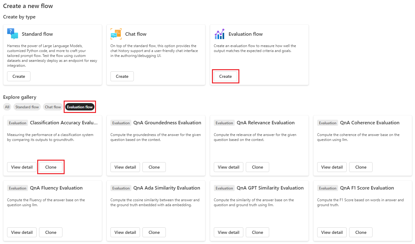 Screenshot of different ways to create a new evaluation flow.