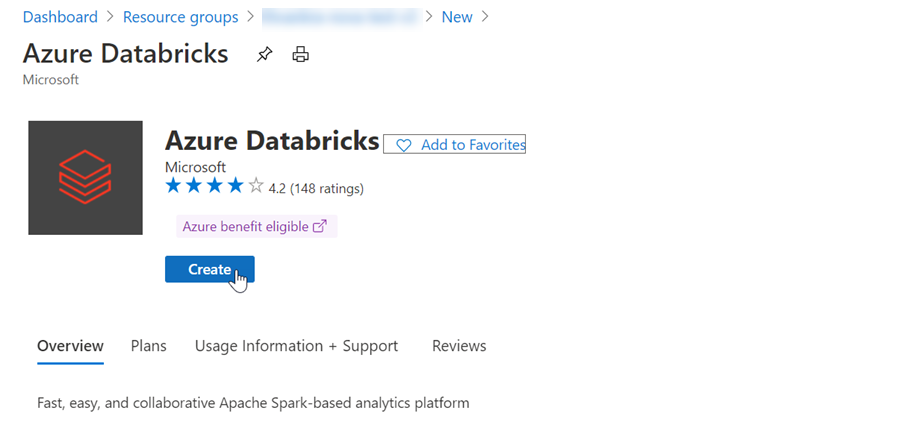 Screenshot that shows Azure Databricks offering with Create selected.