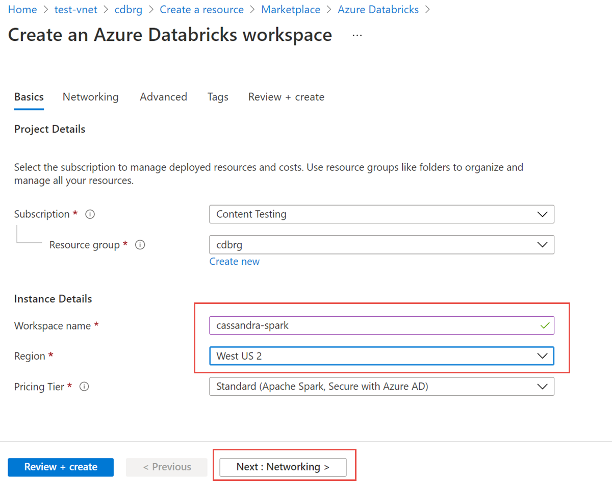 Screenshot that shows a dialog box where you can enter the workspace name, region, and pricing tier for the Azure Databricks account.
