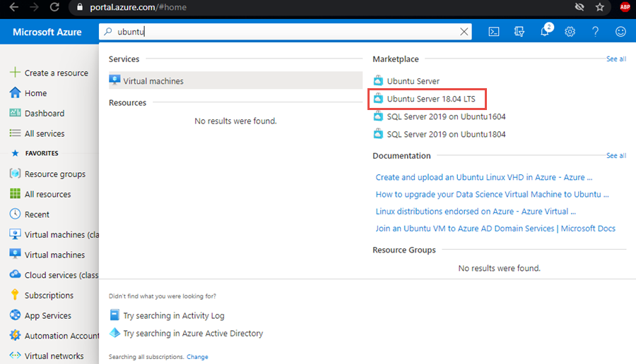 Screenshot that shows finding the Ubuntu server image from the Azure portal.