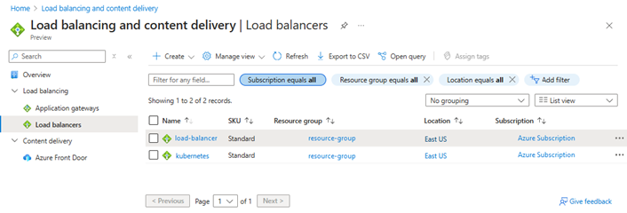 Screenshot of load balancer management in Azure portal.