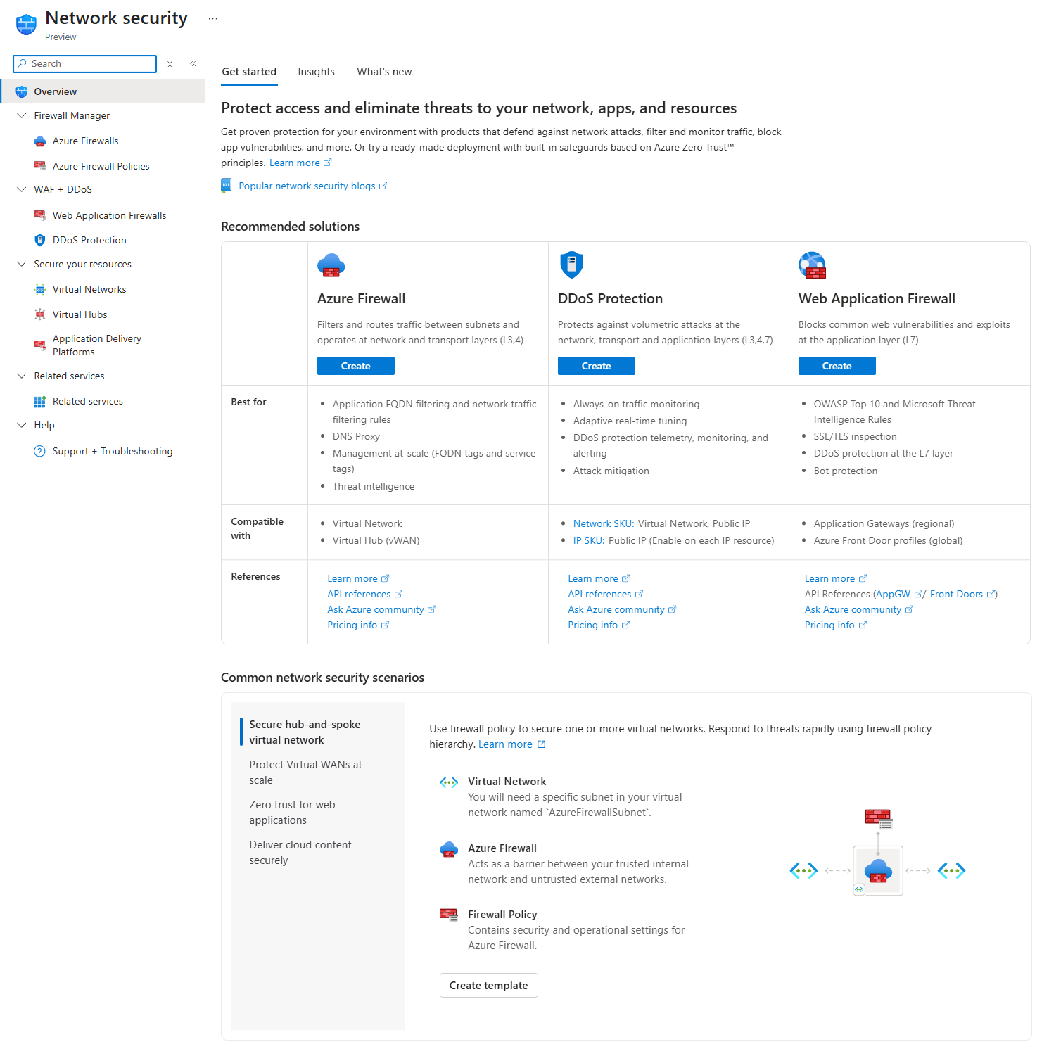 Screenshot of the network security selection experience in the Azure portal.
