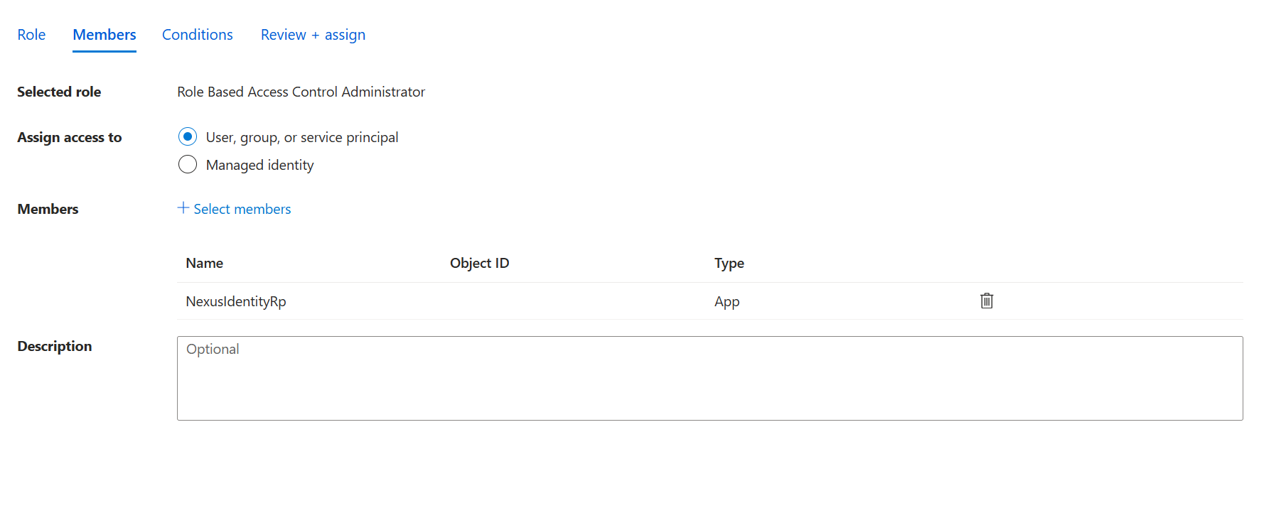 Screenshot of adding member to role assignment
