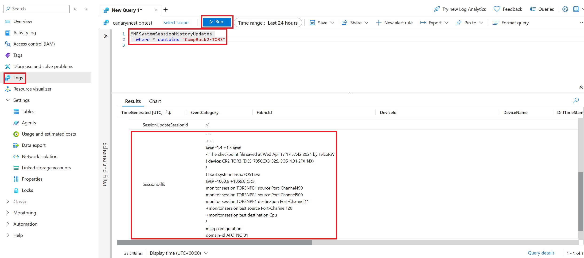 Screenshot that shows the comparison of configuration differences for a network device in a visual format.