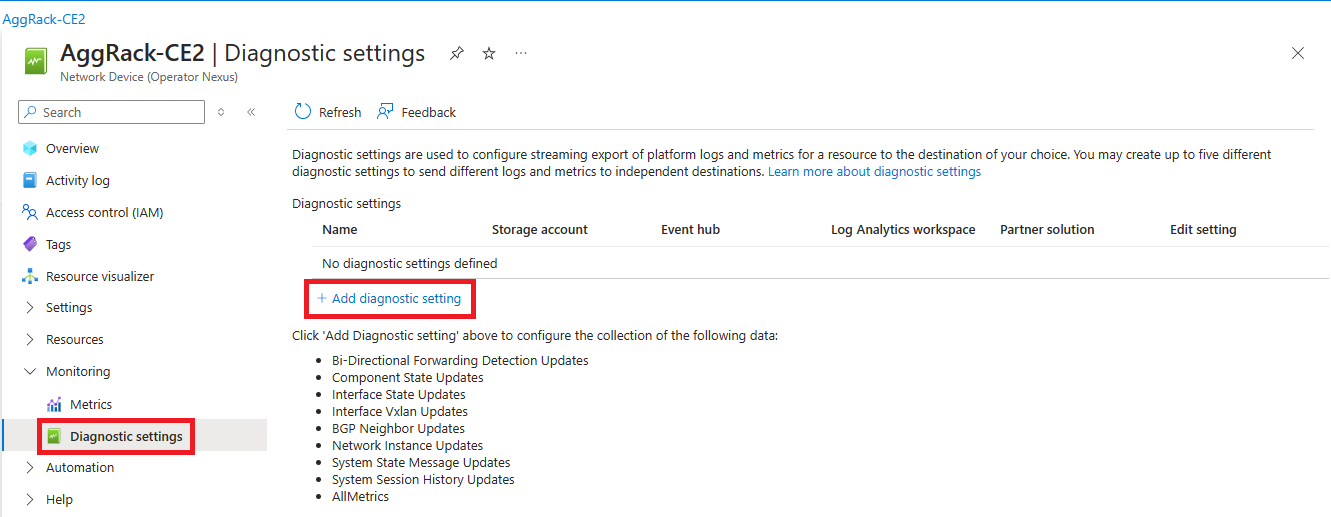 Screenshot of the Diagnostics settings page for a network device.