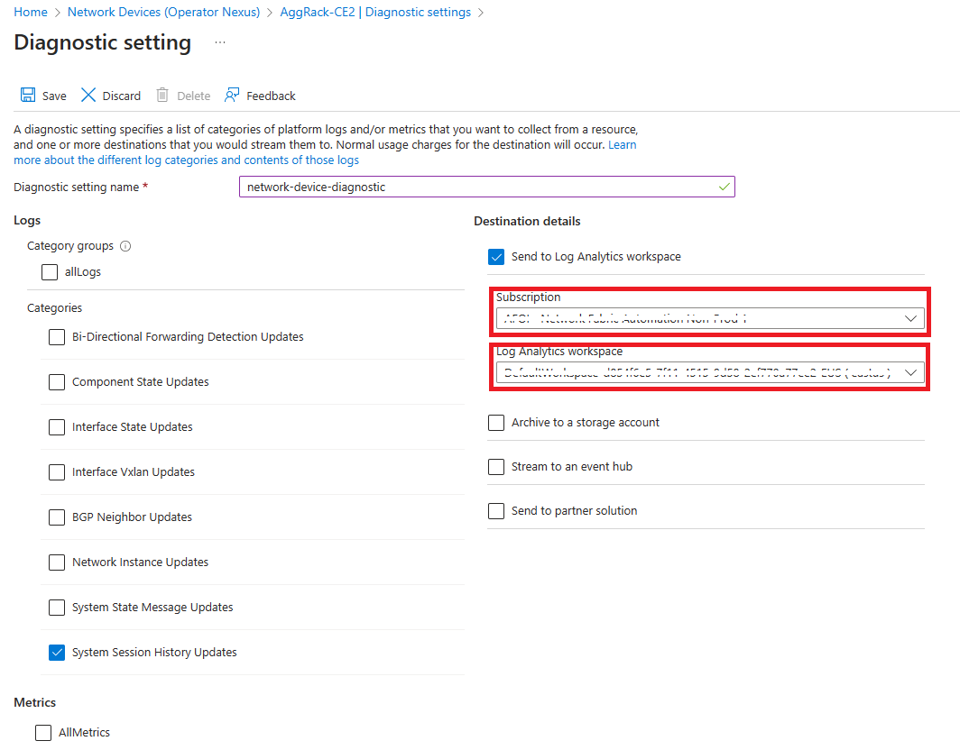 Screenshot that shows the configuration page for selecting Log Analytics workspace as the log destination for a network device.