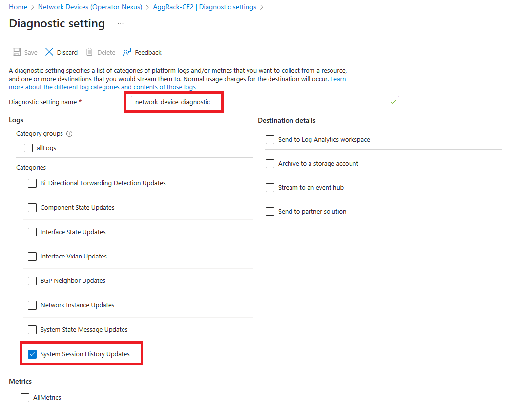 Screenshot that shows specific categories of data to collect in the portal.