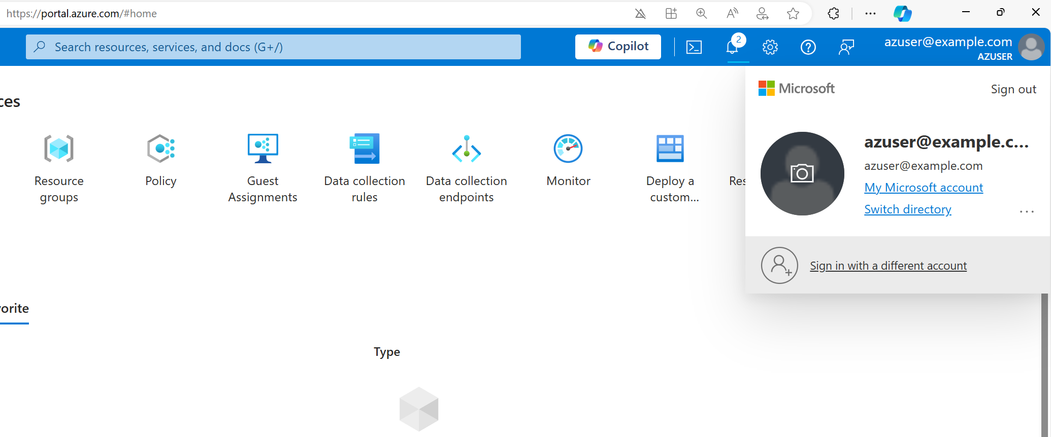 Screen capturen showing account information in Azure portal