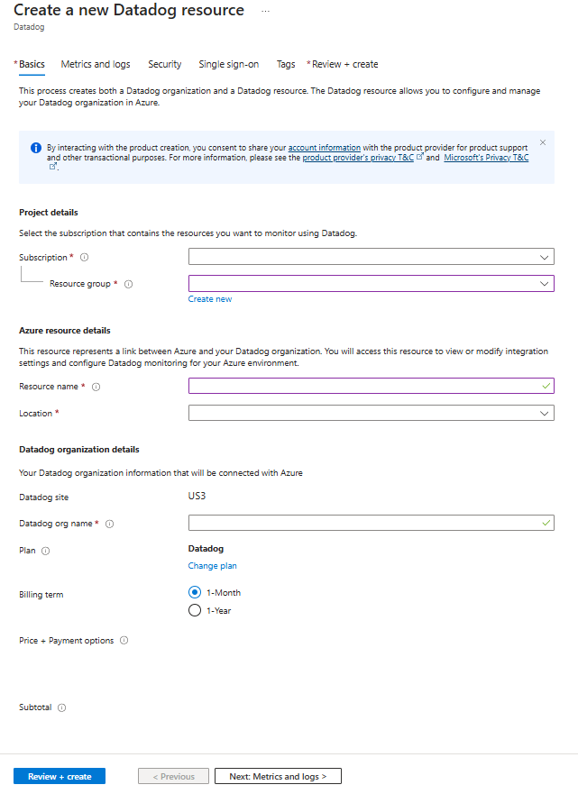 A screenshot of the Create a Datadog resource in Azure options inside of the Azure portal's working pane with the Basics tab displayed.
