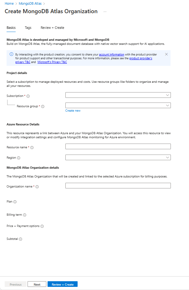 Screenshot of basic settings for creating a MongoDB Atlas organization in the Azure portal.