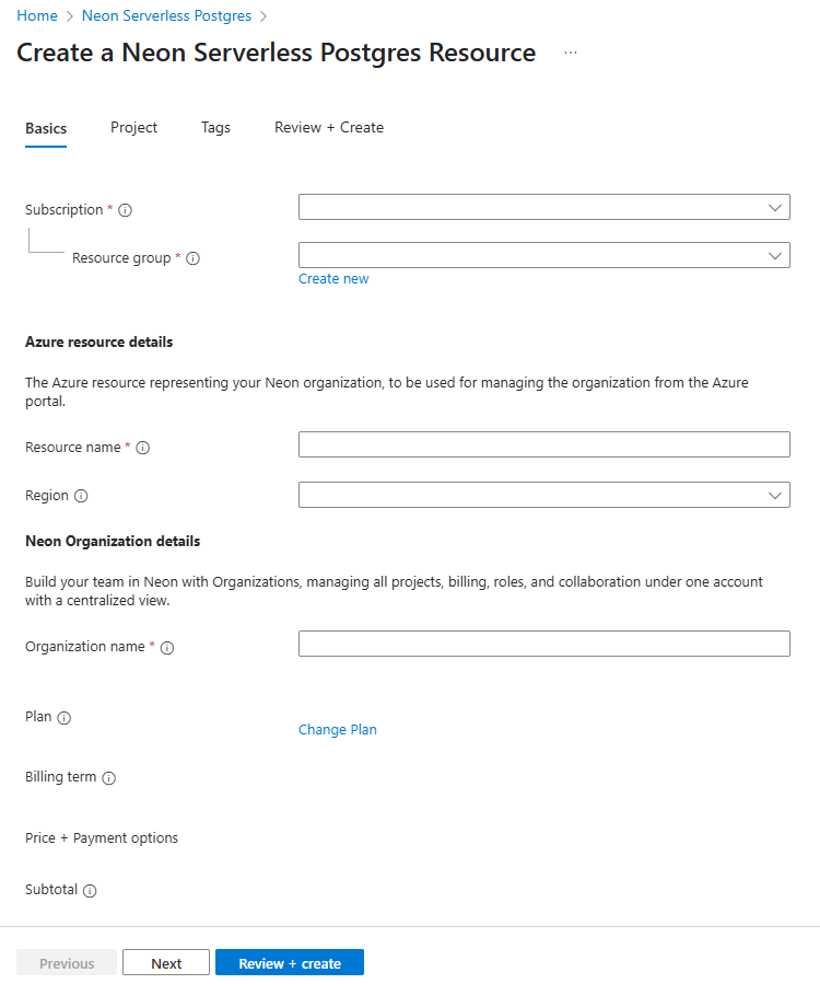Screenshot of the Azure portal that shows the Basics tab to create a new Neon resource.