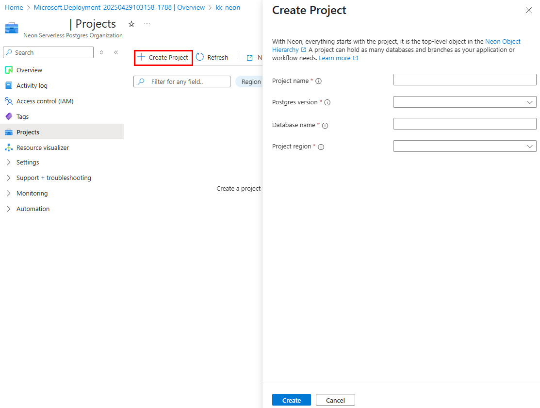 Screenshot of the pane for creating a Neon project in the Azure portal.