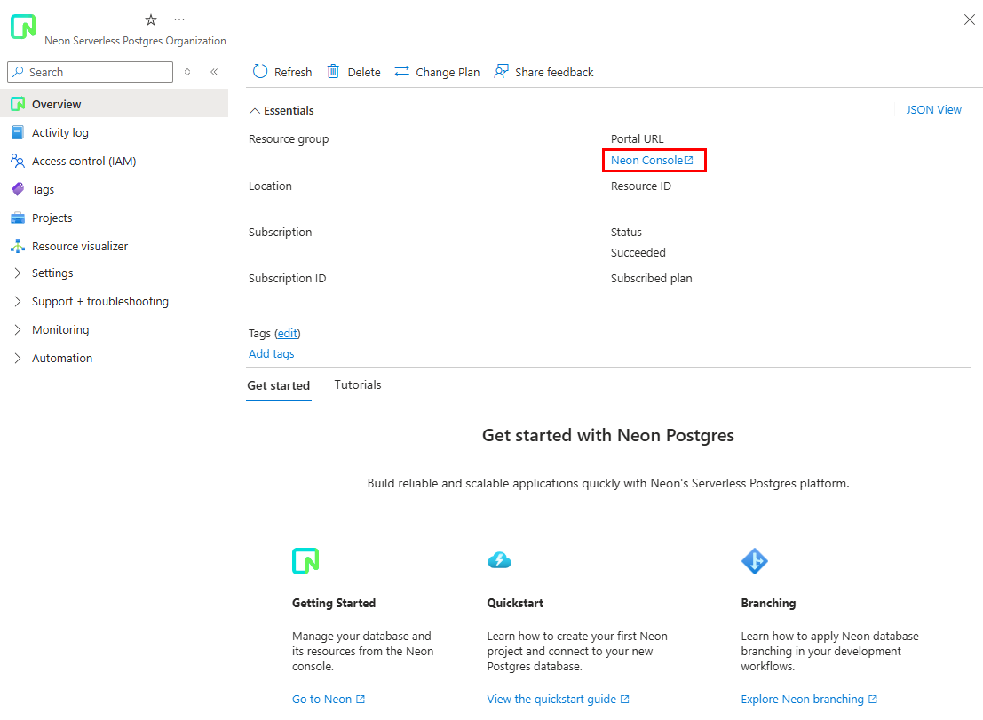 Screenshot of a Neon resource overview in the Azure portal. The Neon Console link is emphasized.