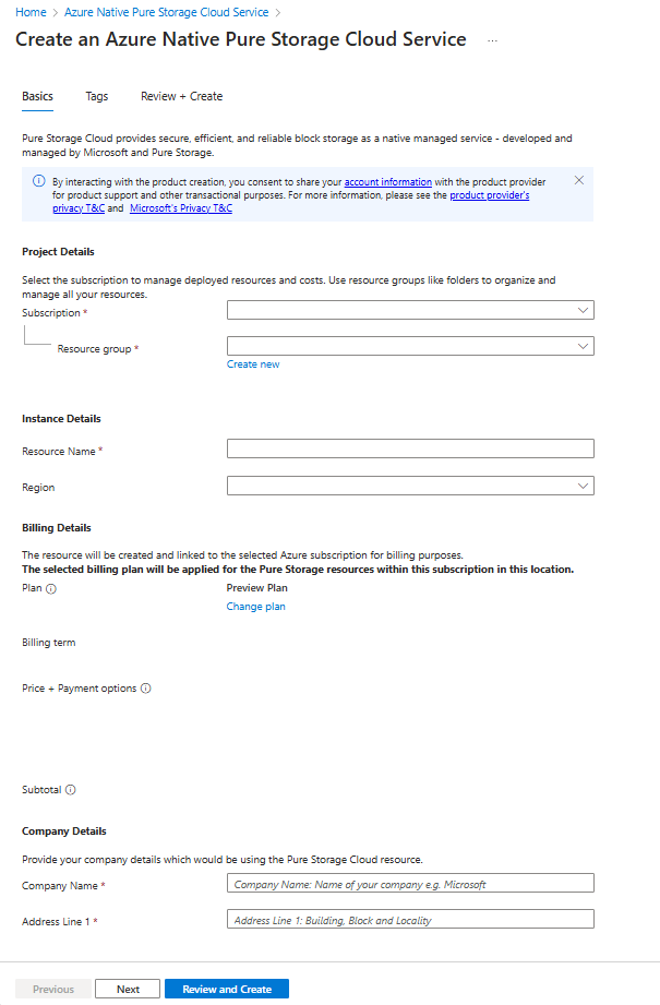 A screenshot of the Create an Azure Native Pure Storage Cloud Storage options inside of the Azure portal's working pane with the Basics tab displayed.
