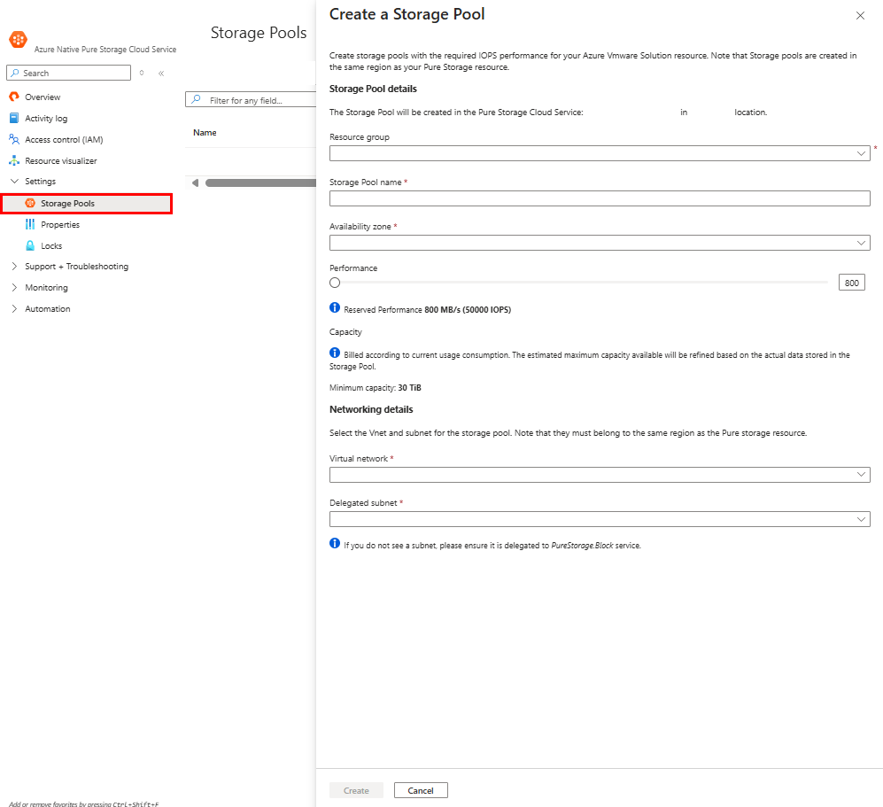 A screenshot of the Create a storage pool options inside Azure portal.